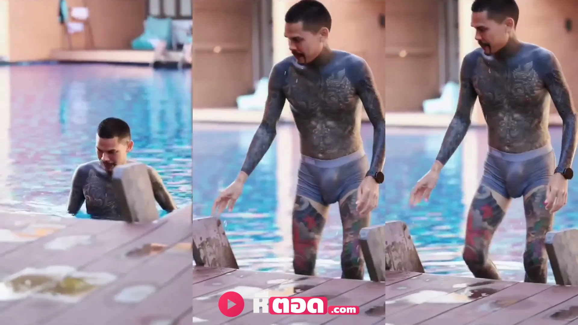 คลิปหลุดคนดัง ปอนด์ จักรกฤษณ์ โชว์หุ่นกล้ามแน่น กางเกงว่ายน้ำรัดเป้าเห็นลำควยชัดเจนริมสระ